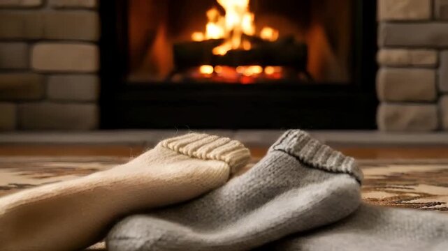 Cozy wool socks rest on a patterned rug in front of a warm, crackling fireplace.