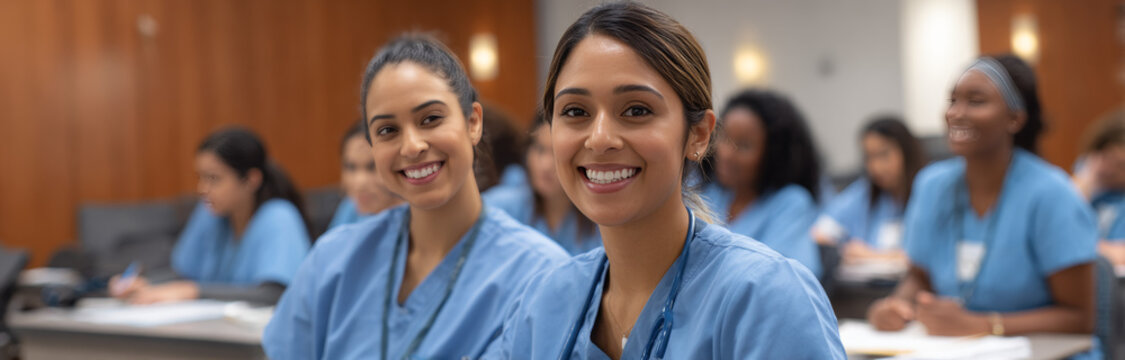 Group of diverse female nursing students wearing light blue scrubs attending a classroom lecture or training session