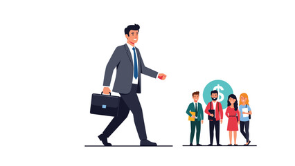 Fototapeta premium Ambitious businessman walking with a briefcase towards a small group of people and a dollar sign icon for career growth concepts.
