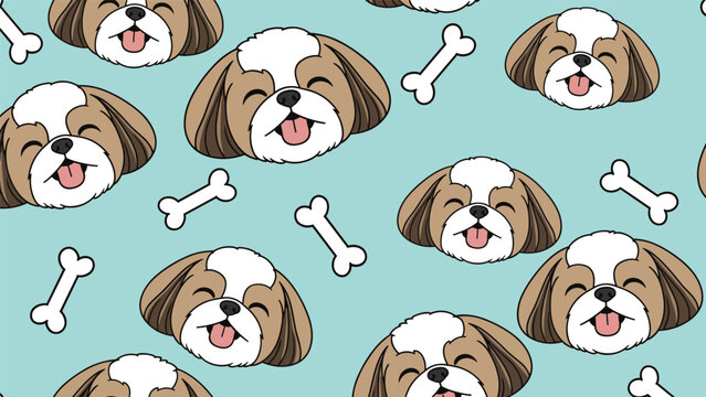 Seamless pattern of adorable shih tzu dog faces and white bones arranged on a light blue background for pet related wallpaper designs.