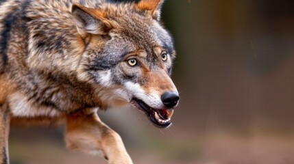 Obraz premium Fierce Grey Wolf Walks Through Forest with Intense Gaze and Alert Posture Captured in Nature’s Wild Environment