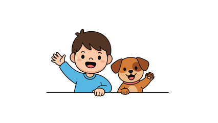 Happy little boy and a small brown dog peeking over a white line and waving on a clean white background for friendship themes.