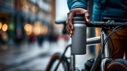 Obraz premium A cyclist's hand placing a blank insulated reusable coffee cup into a bike's bottle cage on a sleek frame.