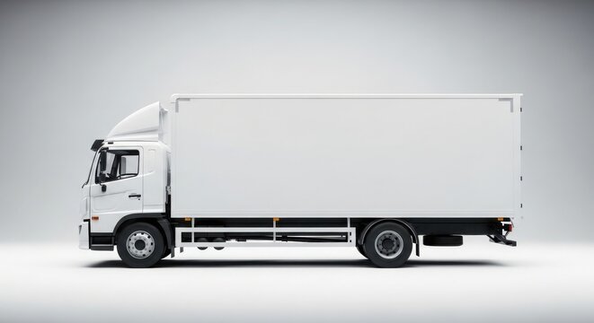 White delivery truck with blank cargo box side view on light gray background