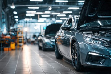 Obraz premium High-end vehicle with hood open inside a automotive service center, maintenance, and premium car care.