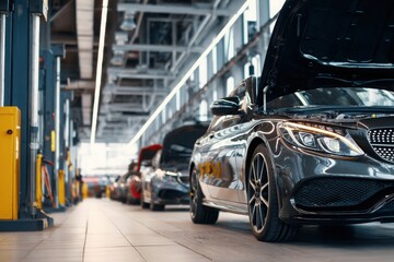 Obraz premium High-end vehicle with hood open inside a automotive service center, maintenance, and premium car care.