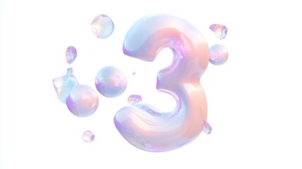 Obraz premium Holographic floating number three with iridescent blobs on white background