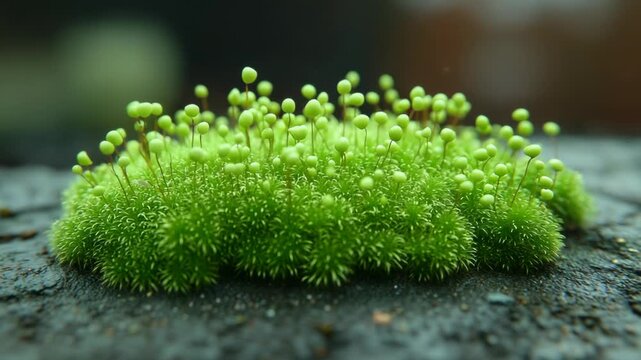 Close-up of green moss with small spherical seed heads growing on a dark, textured surface