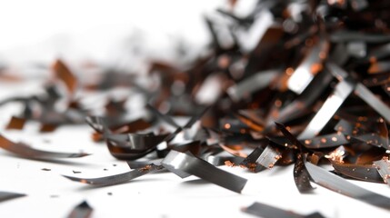 Fototapeta premium Shredded black tape with glossy highlights and scattered pieces on a white background, showcasing the beauty of discarded materials