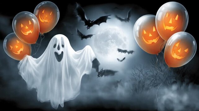 Halloween composition ghost with balloons and bats silhouetted against a moon