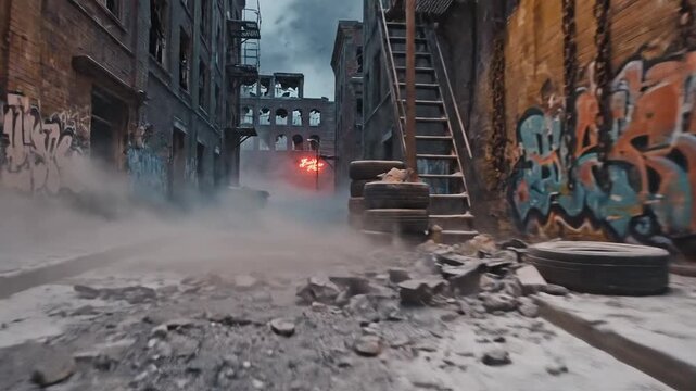 Gritty Urban Alleyway with Graffiti, Dumpster, and Smoke
