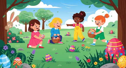 Children celebrating easter in a vibrant garden with colorful eggs and bunny