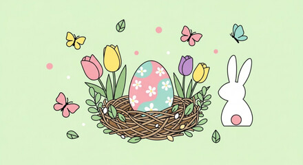 Easter bunny illustration with decorated egg tulips and butterflies on green background springtime scene