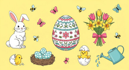 Easter bunny chicks and eggs with flowers and butterflies on yellow background