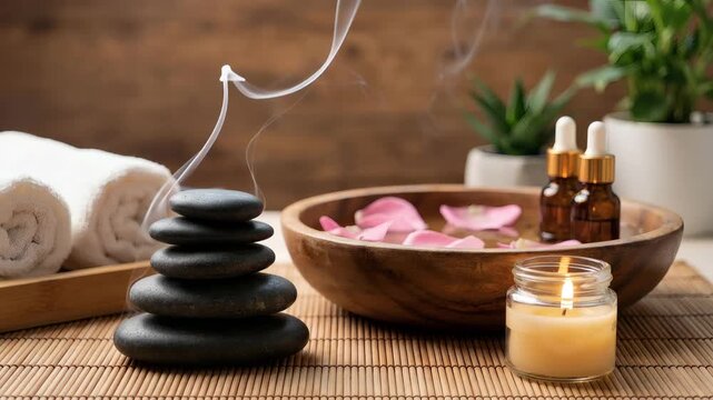 Spa wellness still life with hot stones candle and aromatherapy oils