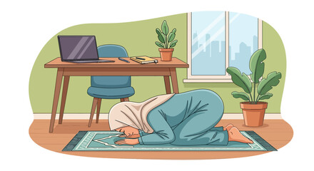Obraz premium Muslim Woman Praying in Hijab at Home Office Desk with Plants