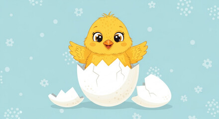 Cute cartoon chick hatching from egg on pastel background with flowers