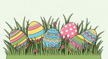 Colorful easter eggs hidden in green grass with vibrant patterns and flowers spring holiday decoration