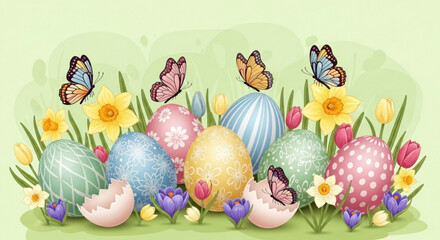 Colorful easter eggs and butterflies in a vibrant spring garden with flowers and grass