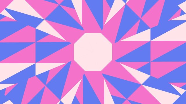 Vibrant geometric pattern radiating from a central octagon in shades of pink, purple, and white