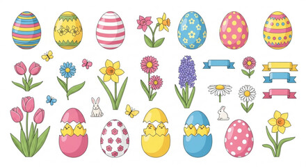 Colorful easter eggs flowers and bunnies for spring decoration and celebration