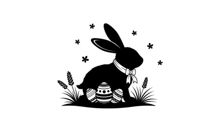 Easter bunny silhouette with eggs and wheat on a white background for spring greeting cards and holiday decorations