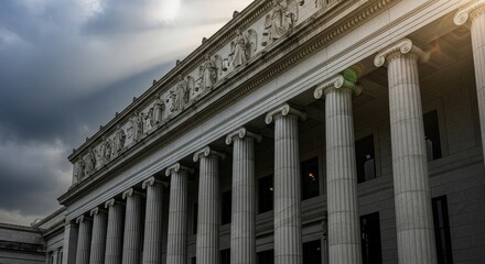 Historic building facade with columns under stormy sky architecture detail low angle view