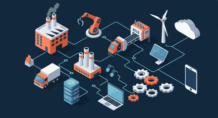 IoT Manufacturing Machines Production Database, Computer and Renewable Energy Isometric Vector