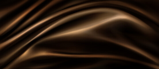 Obraz premium Brown silk fabric texture with smooth waves. Vector realistic illustration of luxury satin cloth, abstract curtain drapery background, chocolate brown premium material with silky gradient, draped flag