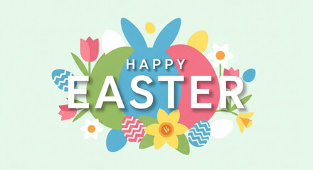 Colorful easter greeting with bunny eggs flowers on light green background for spring holiday
