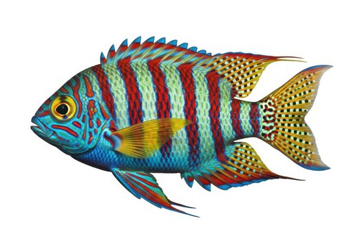 Vividly colored tropical fish displays striking vertical stripes and ornate tail markings against a white background