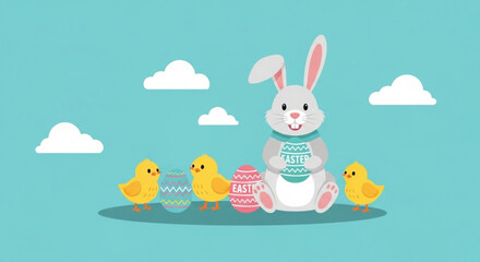 Easter bunny with chicks and eggs in pastel colors springtime scene with white clouds on blue background