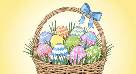 Colorful easter eggs in a wicker basket with blue bow on yellow background with grass
