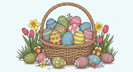 Colorful easter eggs in a wicker basket with flowers and grass on a spring day outdoors