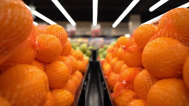 Fresh oranges neatly stacked in mesh bags on display in a brightly lit supermarket aisle.