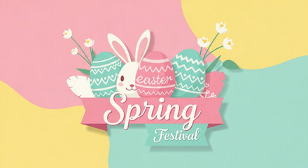 Colorful easter spring festival graphic with bunny eggs and flowers on pastel background