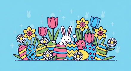 Colorful easter eggs and flowers with bunny on light blue background for spring holiday decoration