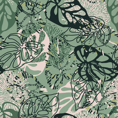 Green seamless pattern with tropical leaves and abstract strokes. Ideal for wallpaper, surface textures, textiles.