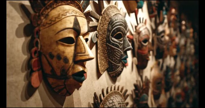 Vibrant African tribal masks on display in a cultural exhibit