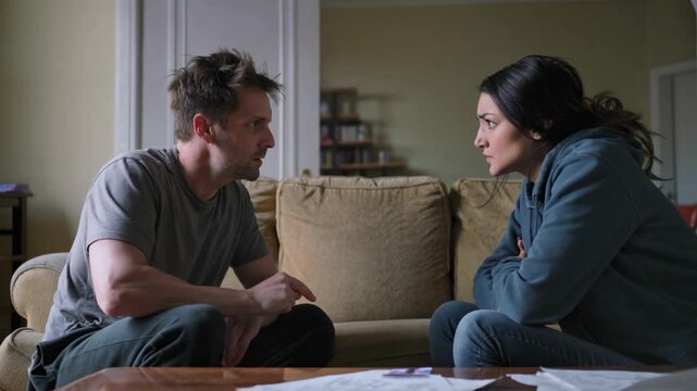 Frustrated couple engaged in a serious conversation on a sofa, reflecting relationship conflict at home