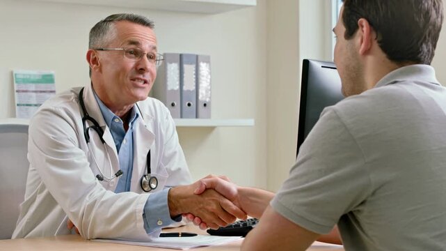 Mature doctor shaking hands with a male patient during a medical consultation in a clinic