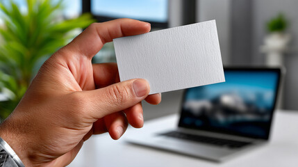 Obraz premium A hand offering a blank textured linen business card against a blurred modern office backdrop.