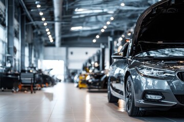 Obraz premium High-end vehicle with hood open inside a automotive service center, maintenance, and premium car care.