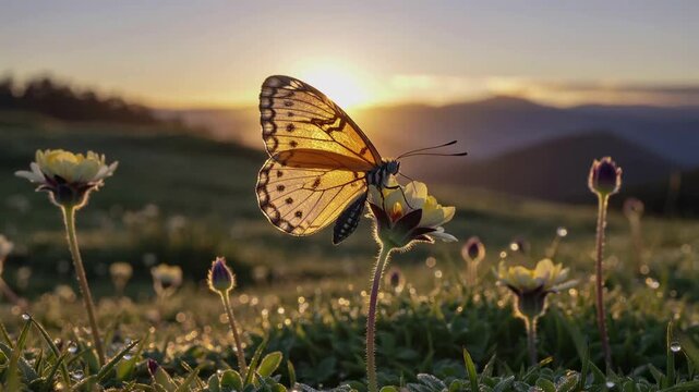 Butterfly resting on a wildflower at sunset in a serene meadow