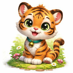 Adorable Baby Tiger Mascot Sitting in Flower Meadow &ndash; Cute Animal Illustration