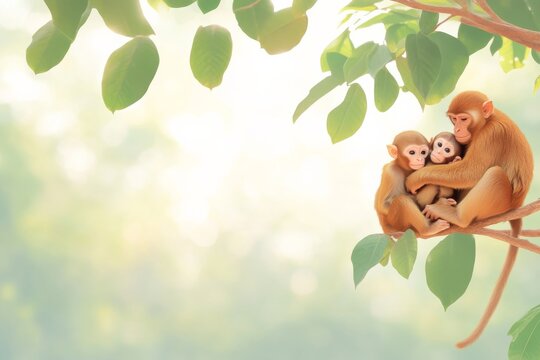 Loving monkey family on tree branch surrounded by lush greenery
