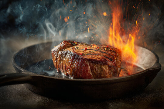 Intense beef steak meat sizzle on iron pan with flame smoke fire heat. Dramatic culinary scene shows hot roast protein cooking on dark metal skillet background with orange spark