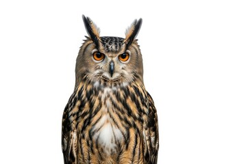 Obraz premium Majestic bird of prey portrait features intense orange eyes and prominent ear tufts