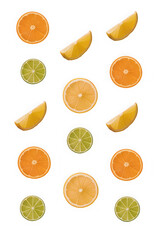 Obraz premium Assortment of citrus fruit slices and wedges: oranges, lemons, and limes, arranged on white background