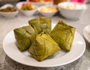 Rice dumplings wrapped in woven green leaves on plate
